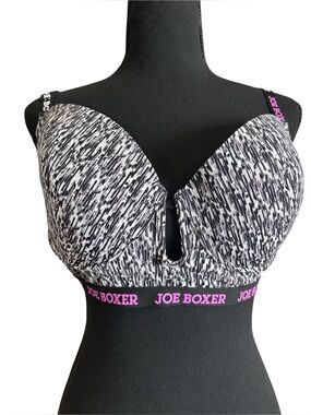 Joe Boxer Black White Printed Longline Push Up Bra Pink Logo Bralette 36DD